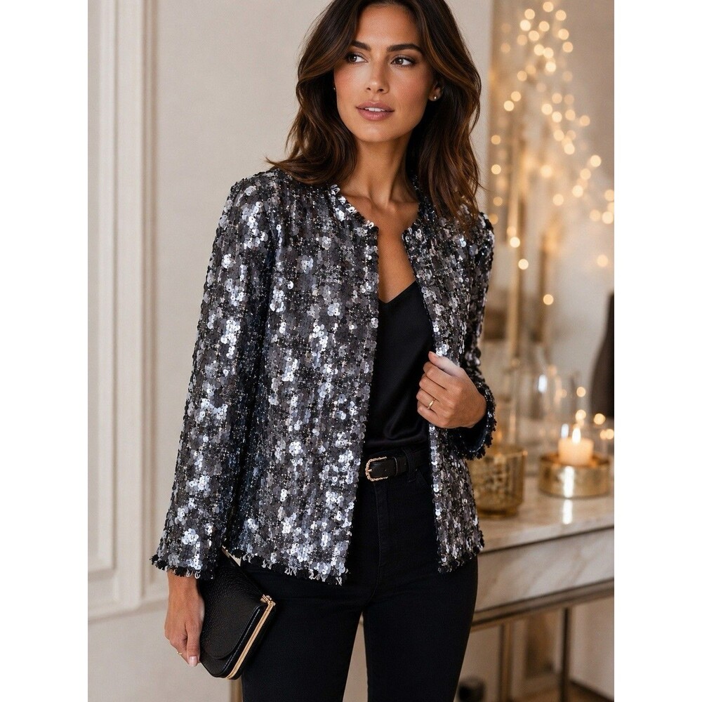 Zara Woman Fish Sequin Gray Silver Boucle Tweed Blazer Jacket Open Front M NWOT